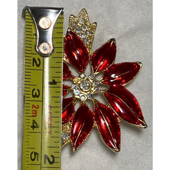 Red Enamel Crystal Flower Brooch Gold Tone vintage - Picture 7 of 7